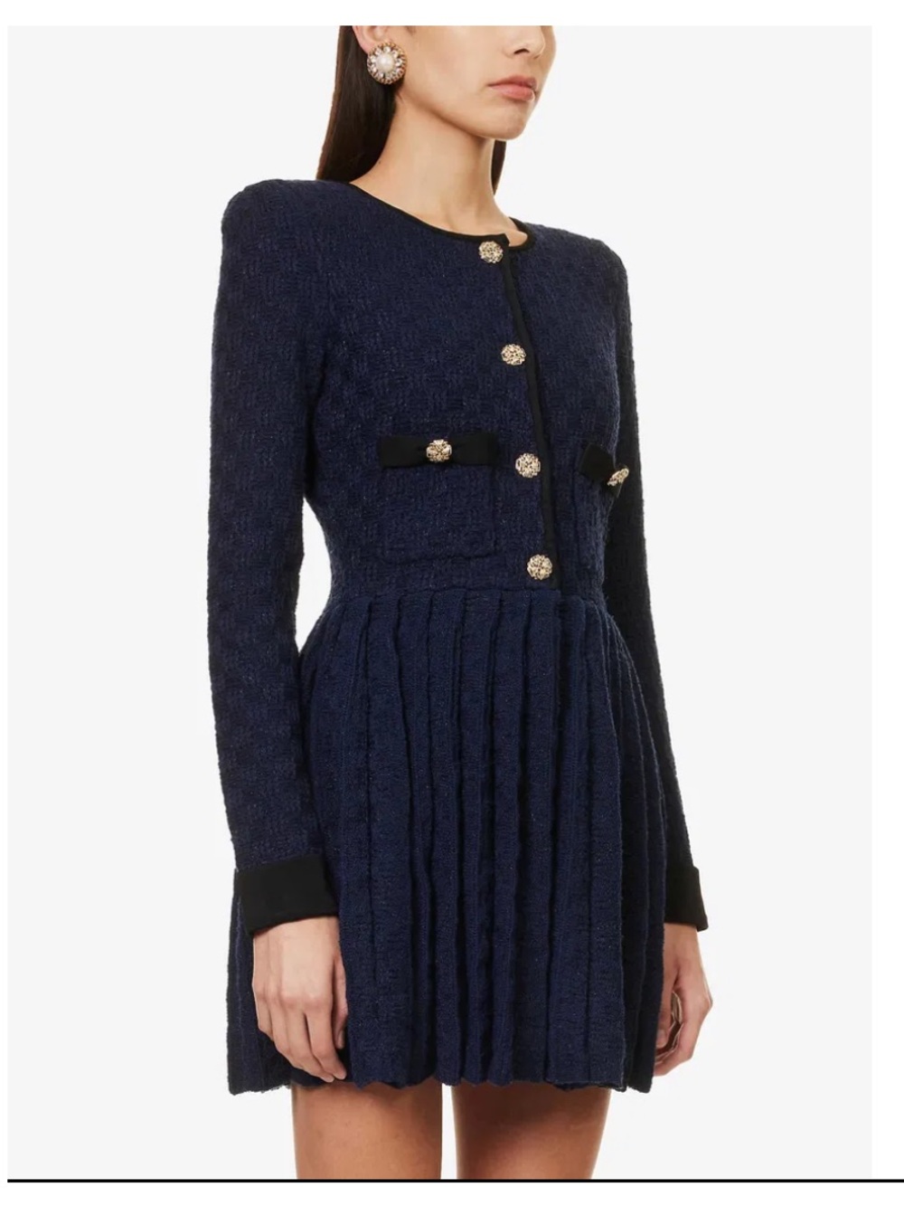 Self Portrait Pleated-Skirt Padded-Shoulder Knitted Mini dress